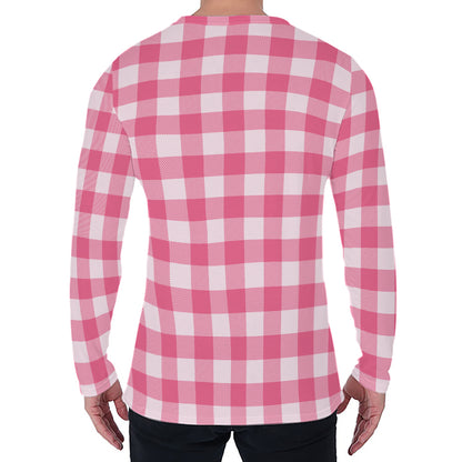Pink And White Buffalo Check Print Men's Long Sleeve T-Shirt