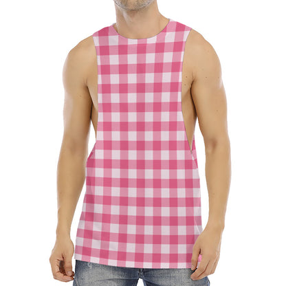 Pink And White Buffalo Check Print Men's Muscle Tank Top