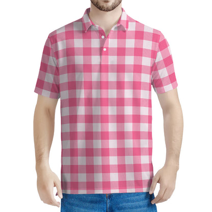 Pink And White Buffalo Check Print Men's Polo Shirt
