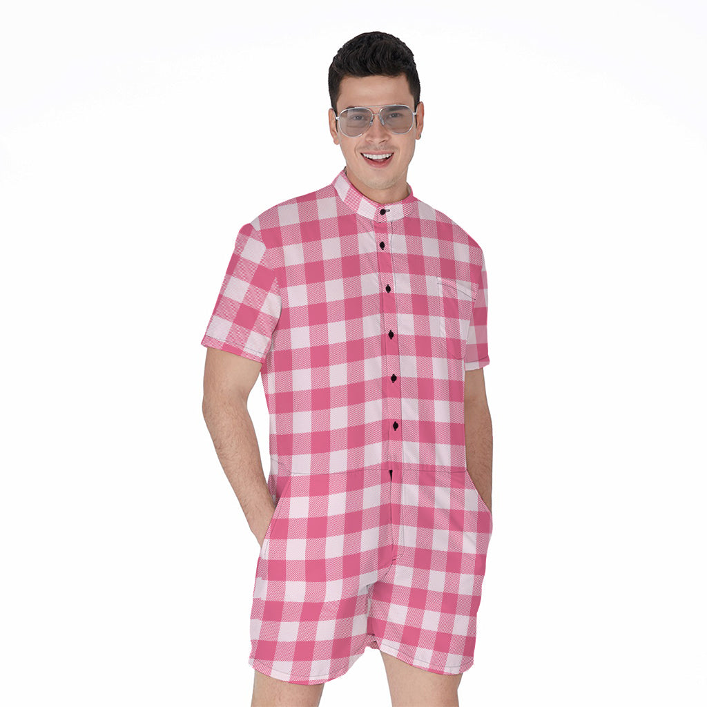 Pink And White Buffalo Check Print Men's Rompers