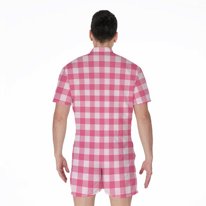 Pink And White Buffalo Check Print Men's Rompers