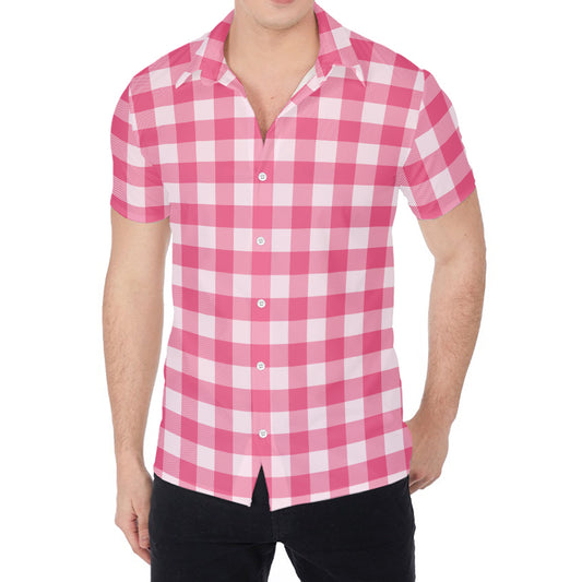 Pink And White Buffalo Check Print Men's Shirt