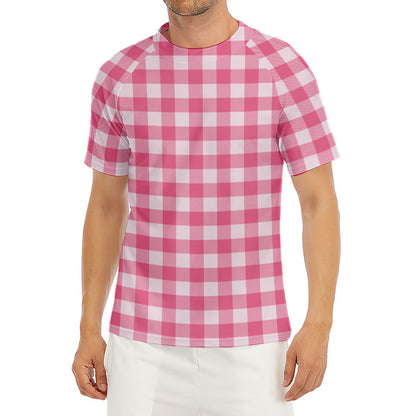 Pink And White Buffalo Check Print Men's Short Sleeve Rash Guard