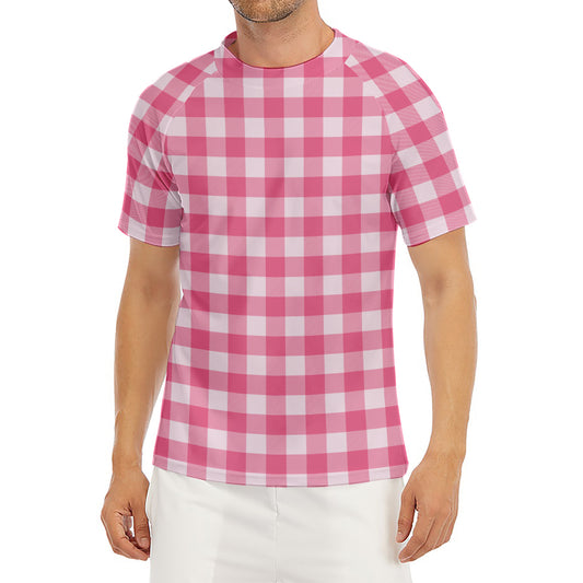 Pink And White Buffalo Check Print Men's Short Sleeve Rash Guard