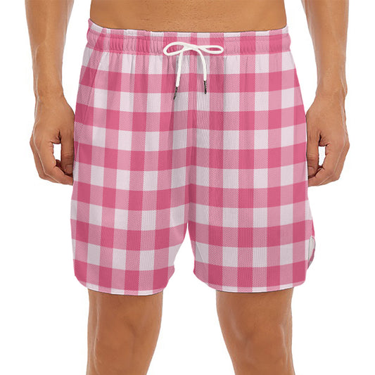Pink And White Buffalo Check Print Men's Split Running Shorts