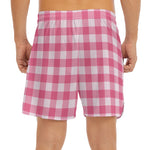 Pink And White Buffalo Check Print Men's Split Running Shorts