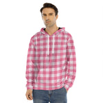 Pink And White Buffalo Check Print Men's Velvet Pullover Hoodie