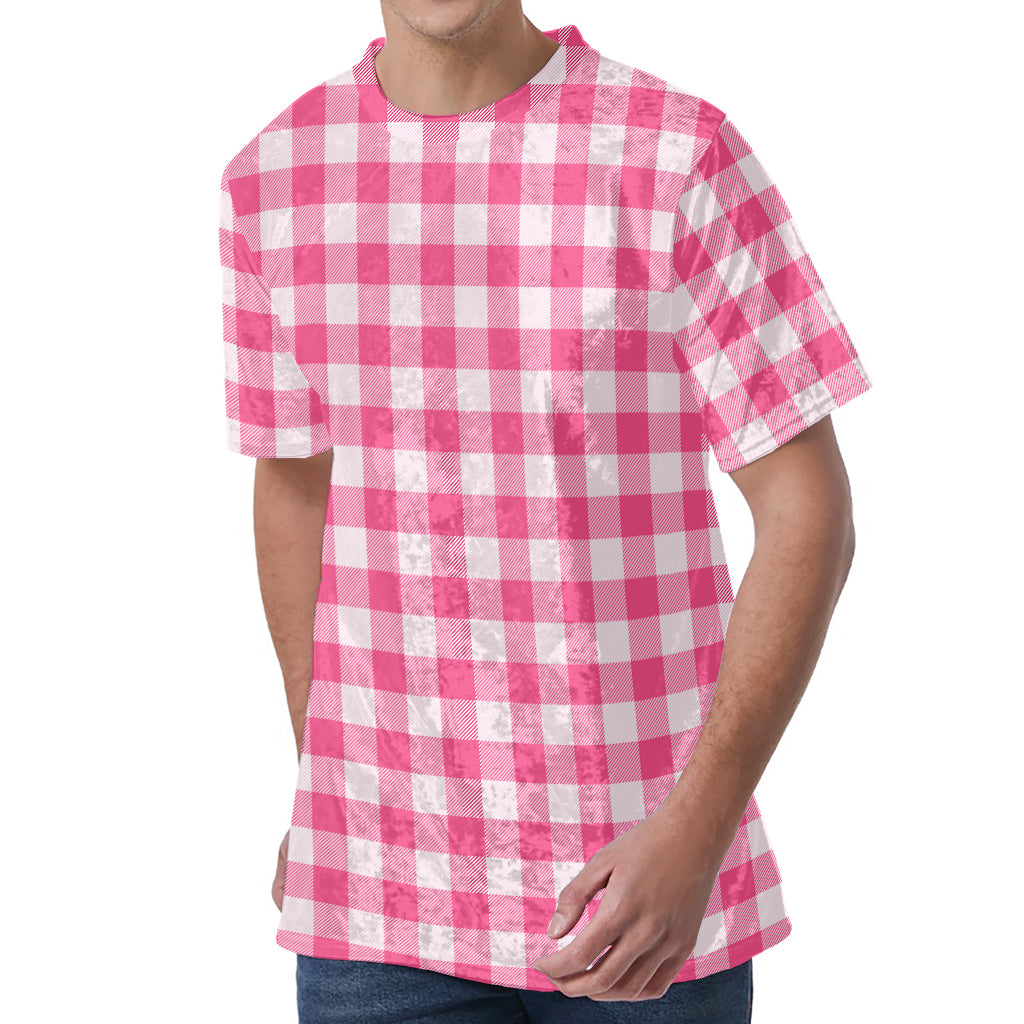 Pink And White Buffalo Check Print Men's Velvet T-Shirt