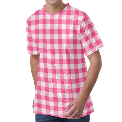 Pink And White Buffalo Check Print Men's Velvet T-Shirt