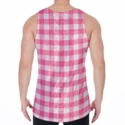 Pink And White Buffalo Check Print Men's Velvet Tank Top