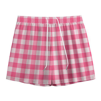 Pink And White Buffalo Check Print Mesh Shorts
