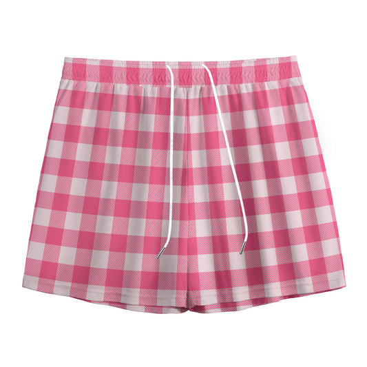 Pink And White Buffalo Check Print Mesh Shorts