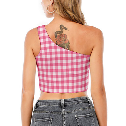 Pink And White Buffalo Check Print One Shoulder Crop Top