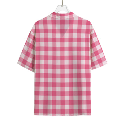 Pink And White Buffalo Check Print Rayon Hawaiian Shirt