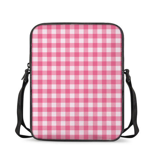 Pink And White Buffalo Check Print Rectangular Crossbody Bag