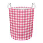 Pink And White Buffalo Check Print Round Laundry Basket