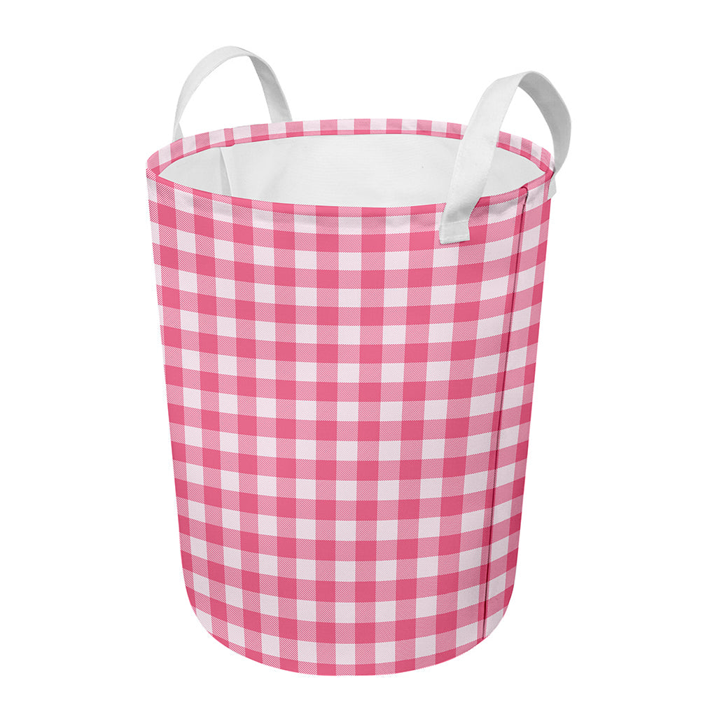 Pink And White Buffalo Check Print Round Laundry Basket