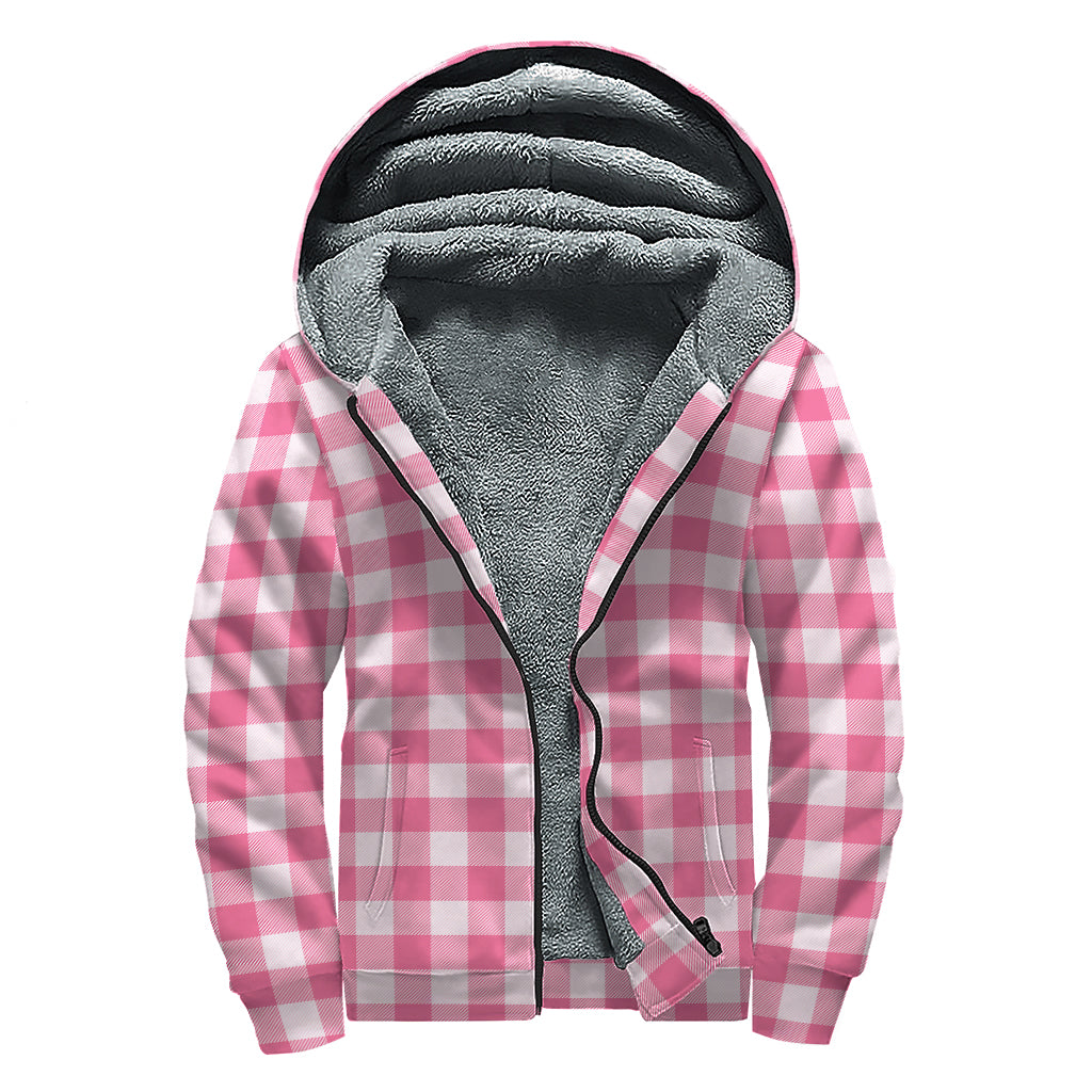 Pink And White Buffalo Check Print Sherpa Lined Zip Up Hoodie