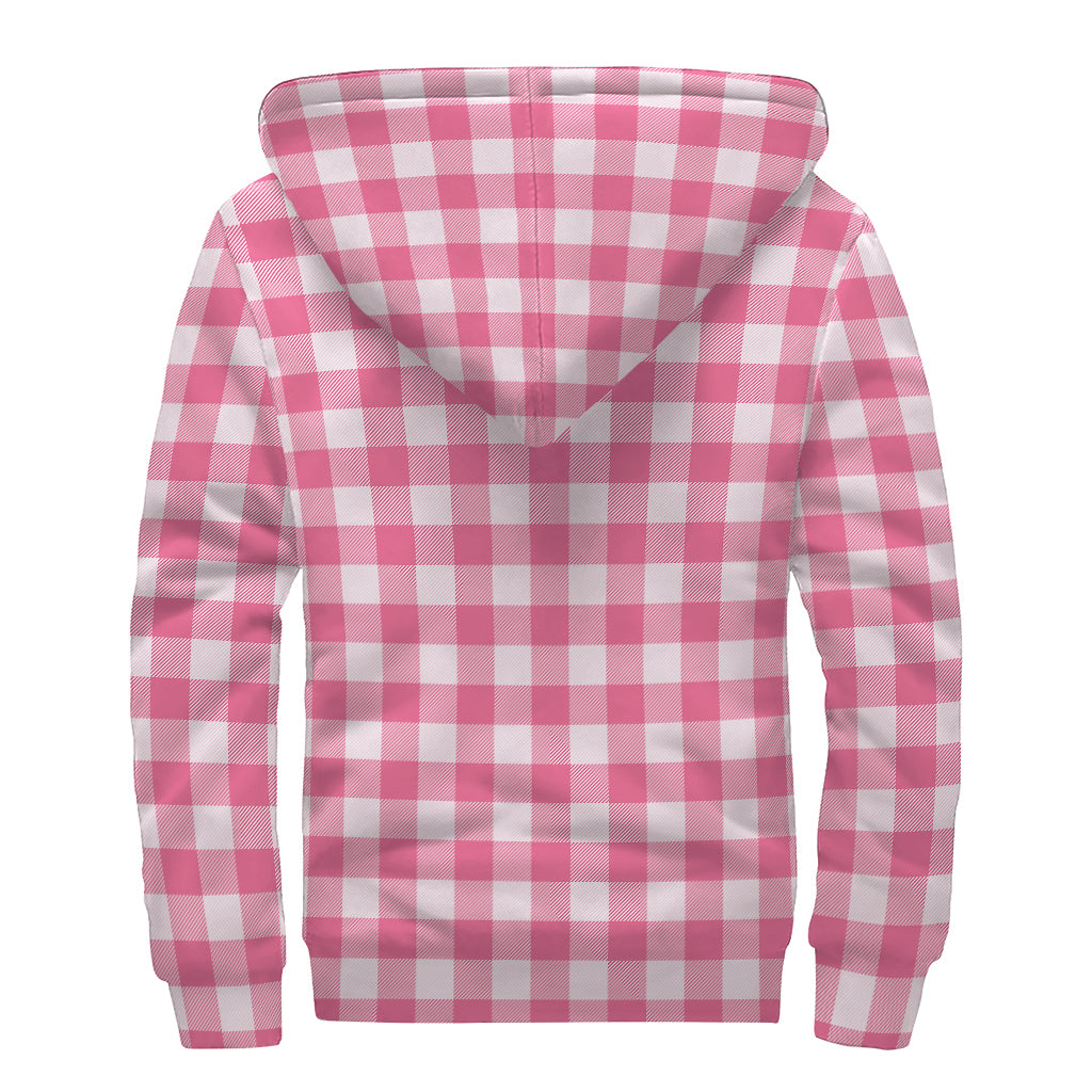 Pink And White Buffalo Check Print Sherpa Lined Zip Up Hoodie