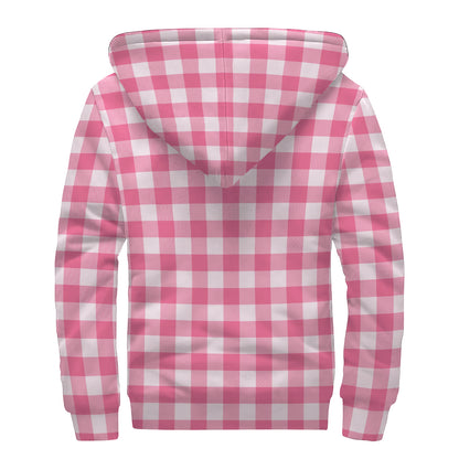 Pink And White Buffalo Check Print Sherpa Lined Zip Up Hoodie