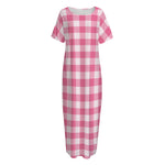 Pink And White Buffalo Check Print Short Sleeve Long Nightdress