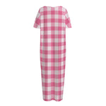 Pink And White Buffalo Check Print Short Sleeve Long Nightdress
