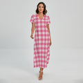 Pink And White Buffalo Check Print Short Sleeve Maxi Dress