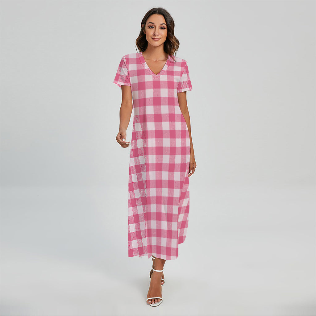 Pink And White Buffalo Check Print Short Sleeve Maxi Dress