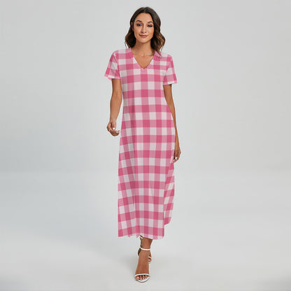 Pink And White Buffalo Check Print Short Sleeve Maxi Dress