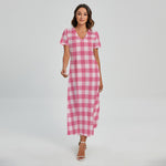 Pink And White Buffalo Check Print Short Sleeve Maxi Dress