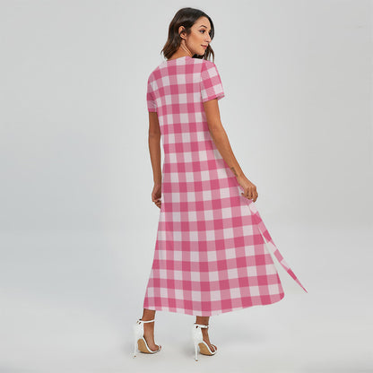 Pink And White Buffalo Check Print Short Sleeve Maxi Dress