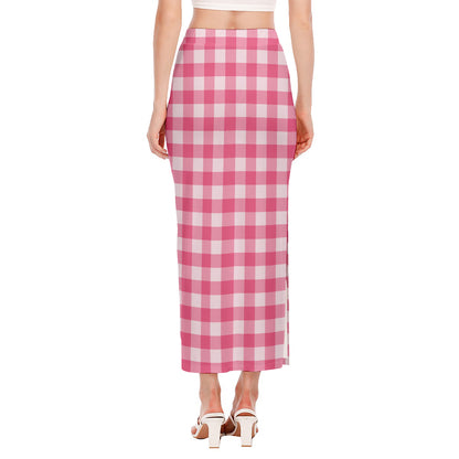 Pink And White Buffalo Check Print Side Slit Maxi Skirt
