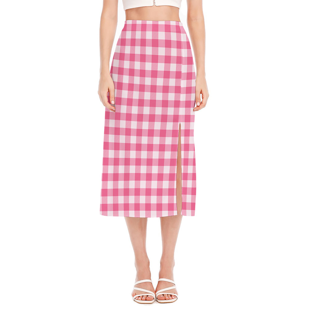 Pink And White Buffalo Check Print Side Slit Midi Skirt