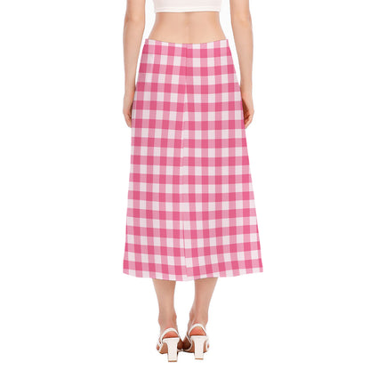 Pink And White Buffalo Check Print Side Slit Midi Skirt