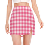 Pink And White Buffalo Check Print Side Slit Mini Skirt
