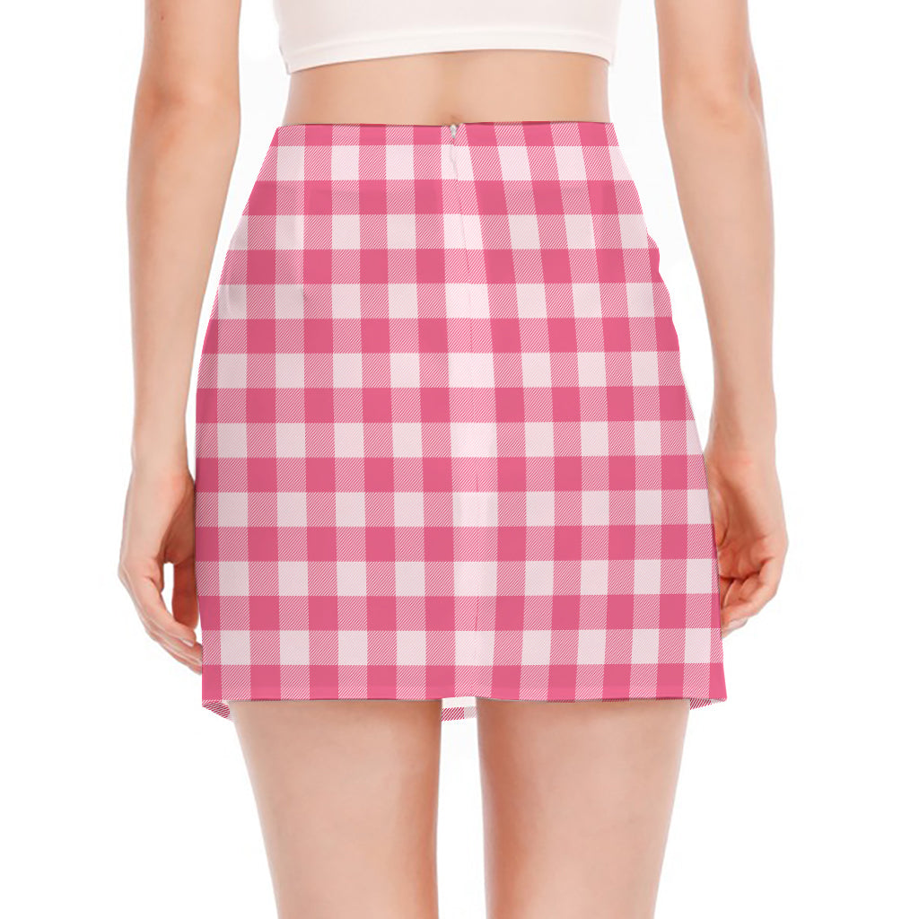 Pink And White Buffalo Check Print Side Slit Mini Skirt