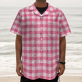 Pink And White Buffalo Check Print Textured Short Sleeve Shirt