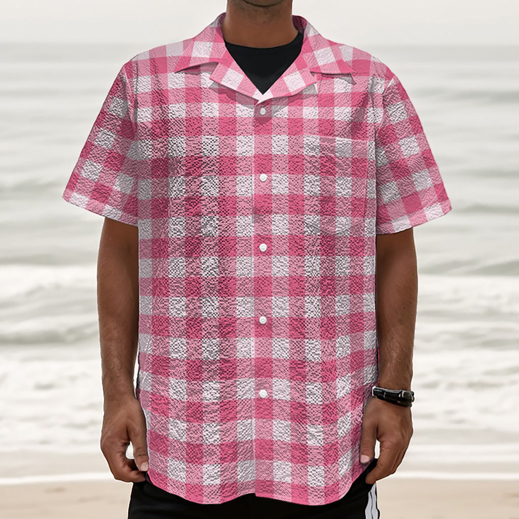 Pink And White Buffalo Check Print Textured Short Sleeve Shirt
