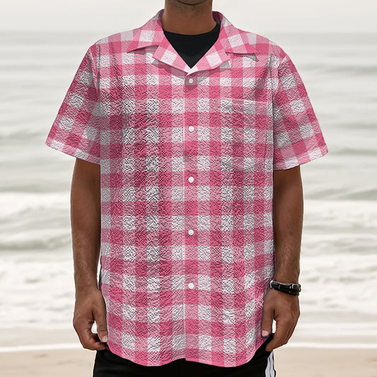 Pink And White Buffalo Check Print Textured Short Sleeve Shirt