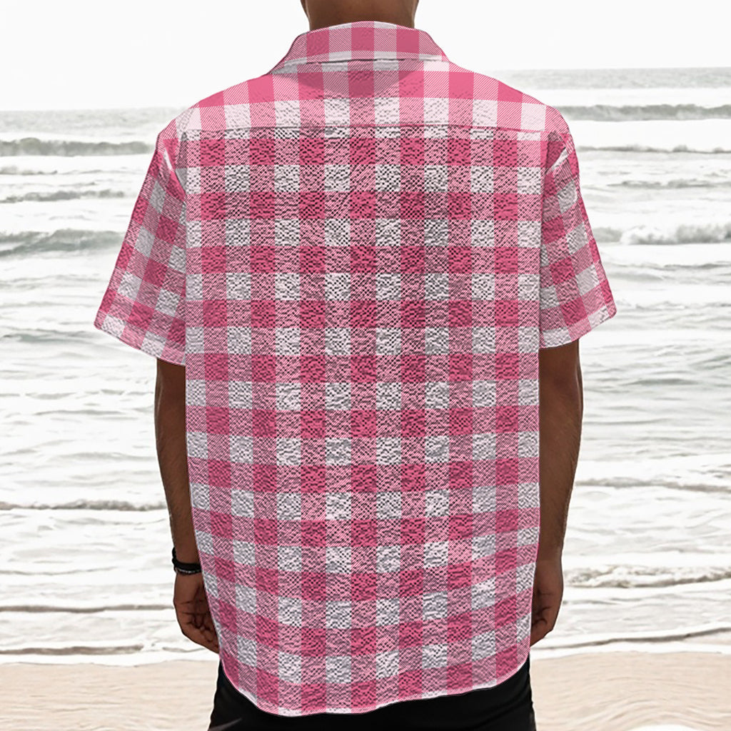 Pink And White Buffalo Check Print Textured Short Sleeve Shirt