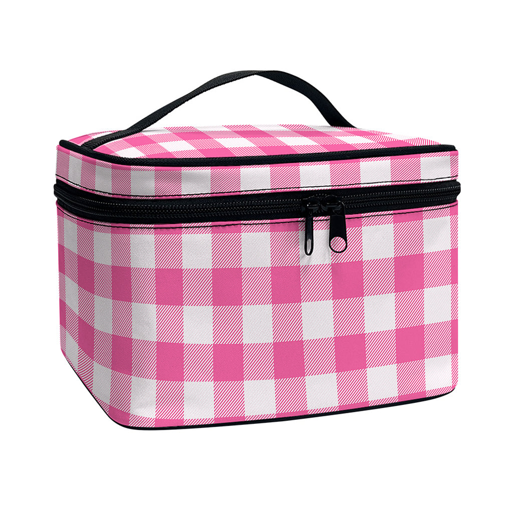 Pink And White Buffalo Check Print Travel Makeup Bag