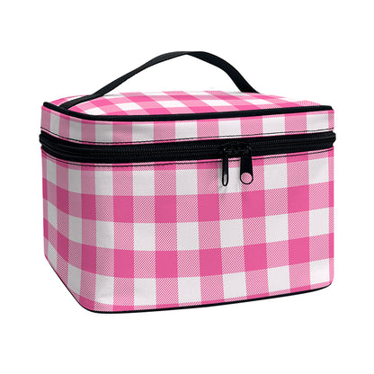Pink And White Buffalo Check Print Travel Makeup Bag