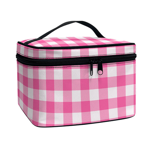 Pink And White Buffalo Check Print Travel Makeup Bag