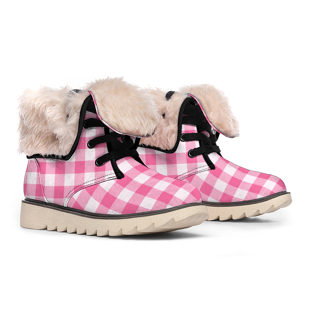 Pink And White Buffalo Check Print Winter Boots