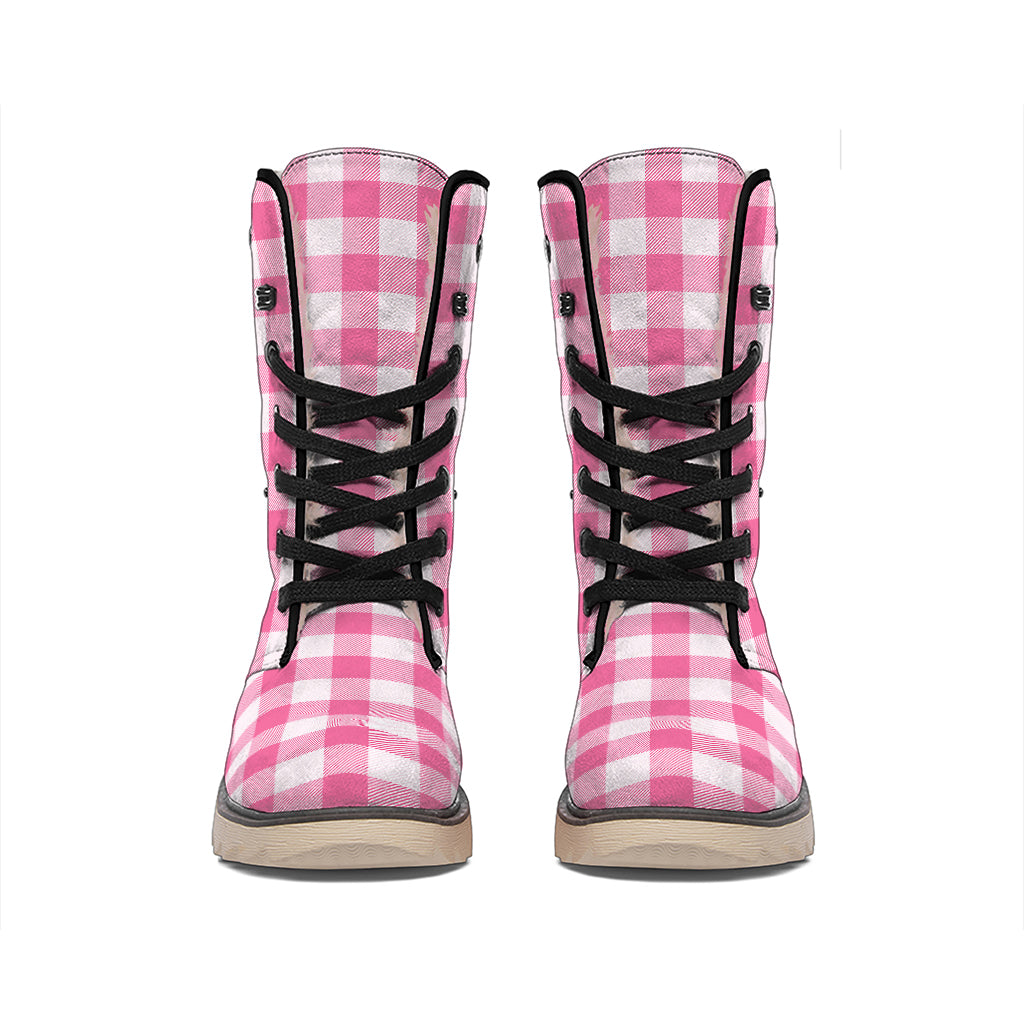 Pink And White Buffalo Check Print Winter Boots