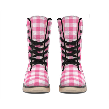 Pink And White Buffalo Check Print Winter Boots