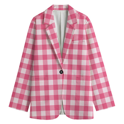 Pink And White Buffalo Check Print Women's Blazer