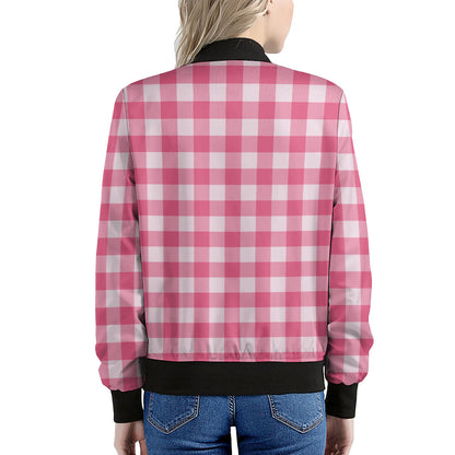 Pink And White Buffalo Check Print Women's Bomber Jacket