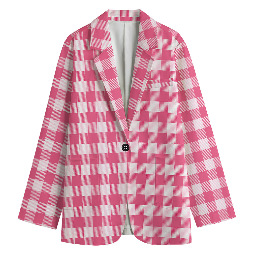 Pink And White Buffalo Check Print Women's Cotton Blazer
