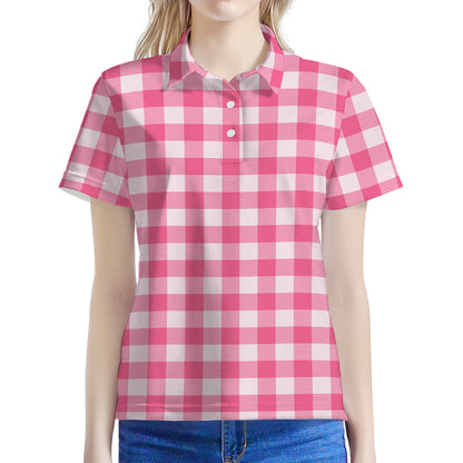 Pink And White Buffalo Check Print Women's Polo Shirt